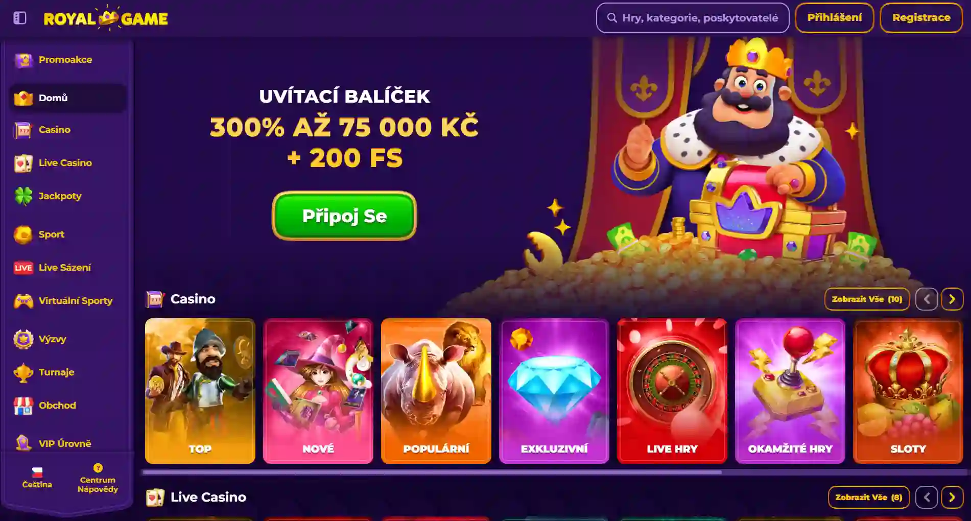 Česká úvodní stránka RoyalGame s českým rozhraním a uvítací nabídkou v korunách